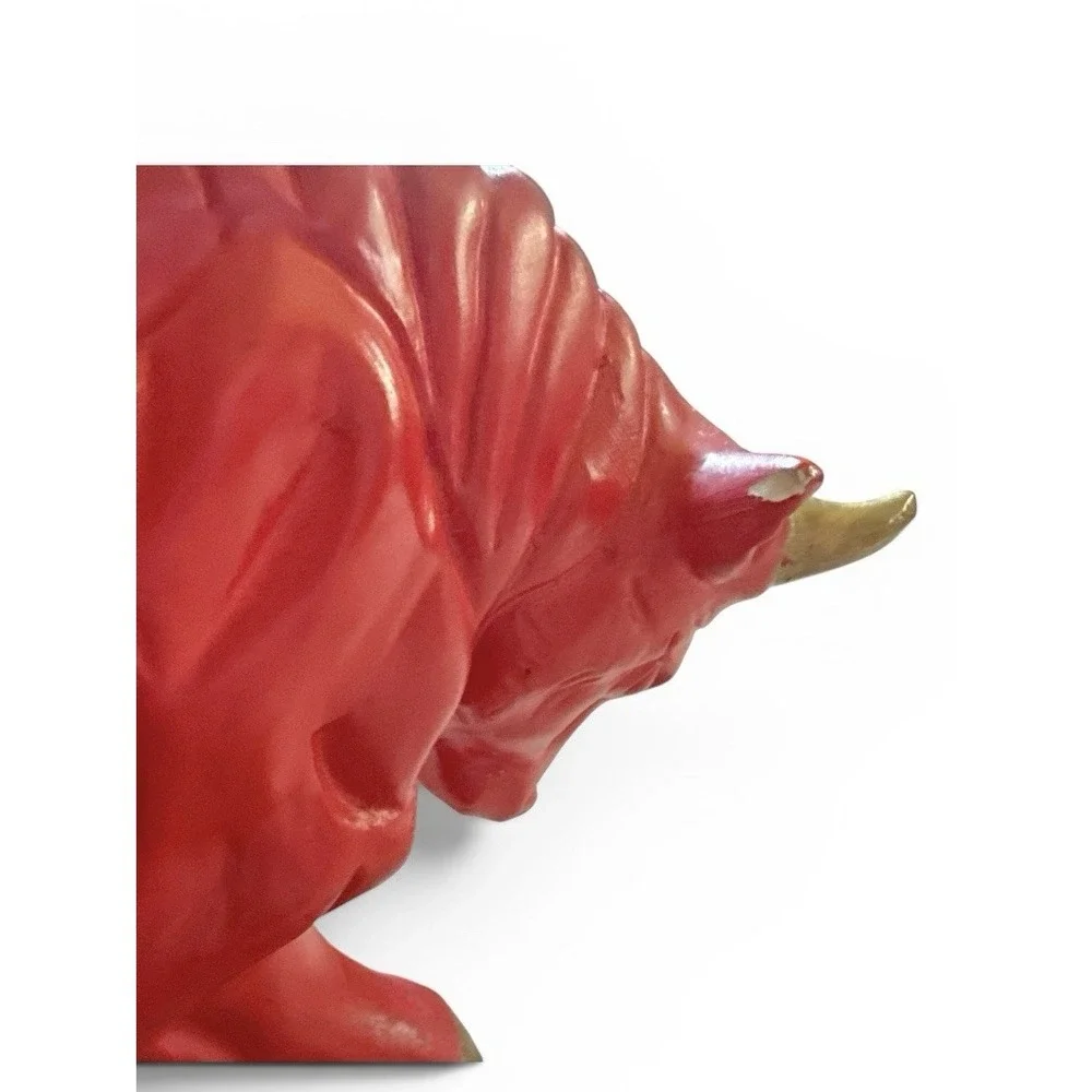 Vintage 1960s Red Ceramic Bull Figurine Mid Century Modern Gold Accents